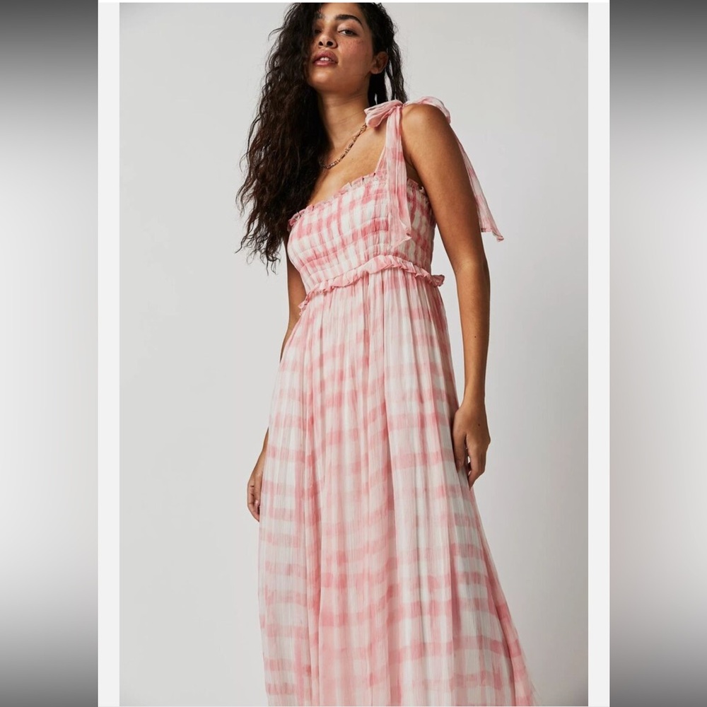 Free People Dorothy Gayle Maxi Dress in pink & white checkered Sz Medium - Picture 3 of 15